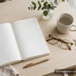 Open blank notebook beside reading glasses on a light desk, daylight, no legible text