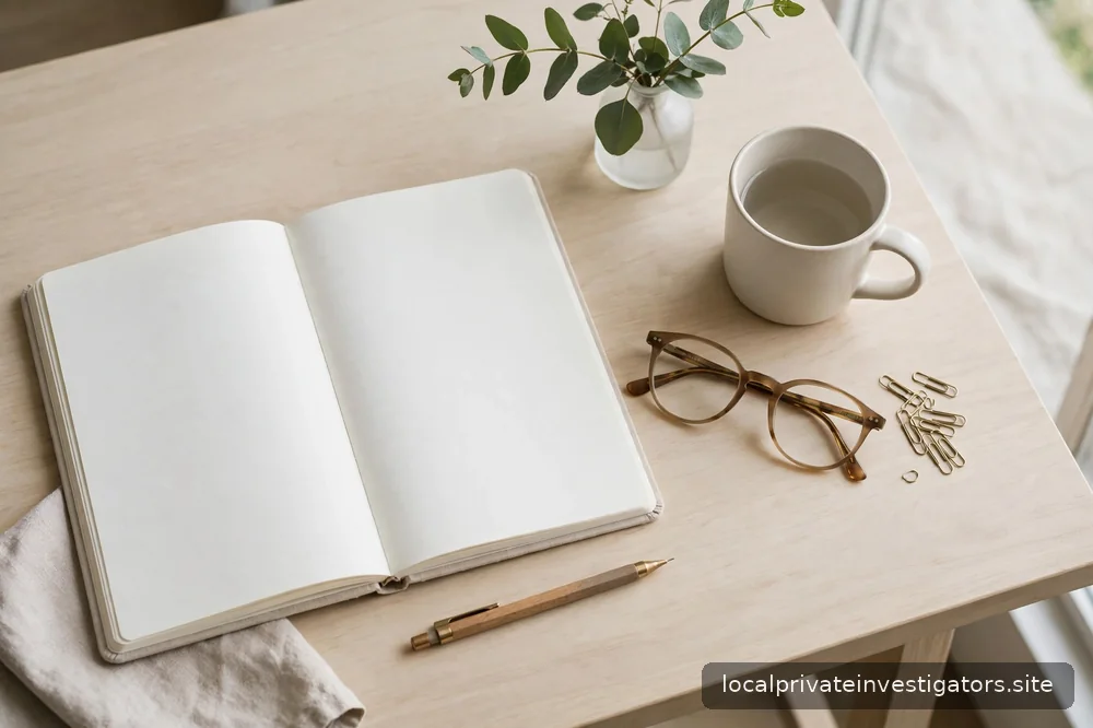 Open blank notebook beside reading glasses on a light desk, daylight, no legible text