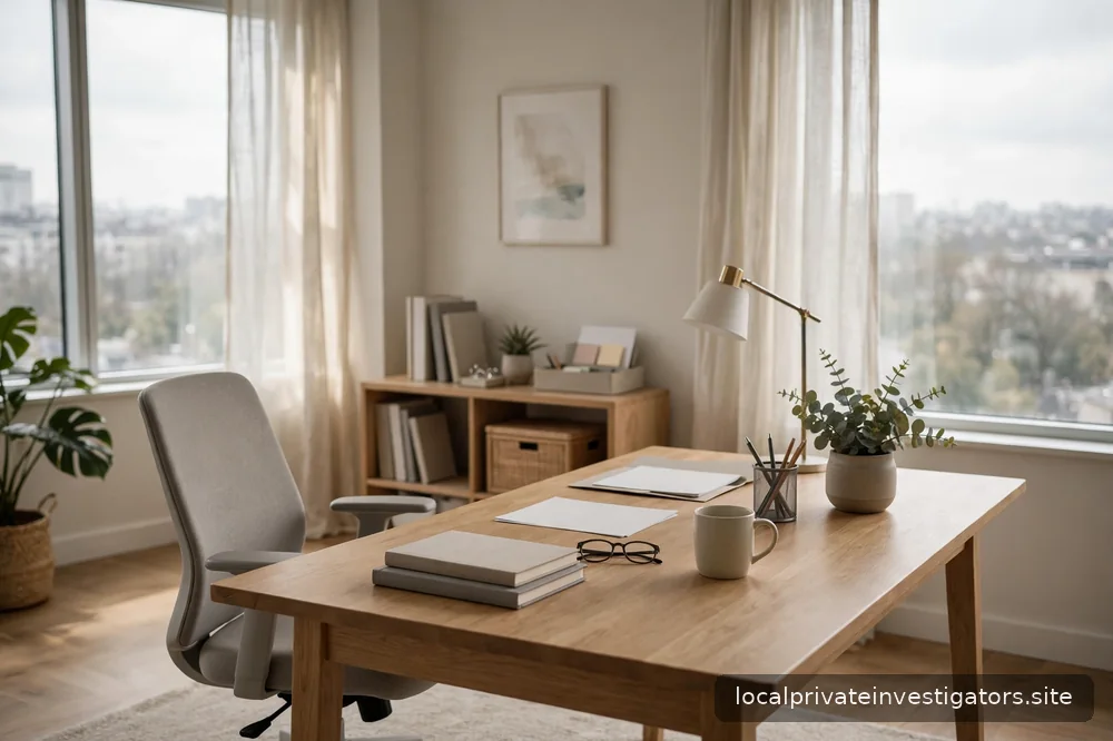 Empty bright office interior with soft window light, welcoming, no people
