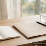 Calm sunlit desk with a blank notebook and a closed folder, fresh-start motif, daylight, no legible text