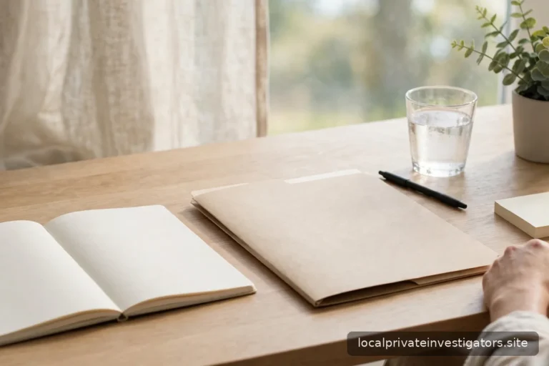 Calm sunlit desk with a blank notebook and a closed folder, fresh-start motif, daylight, no legible text