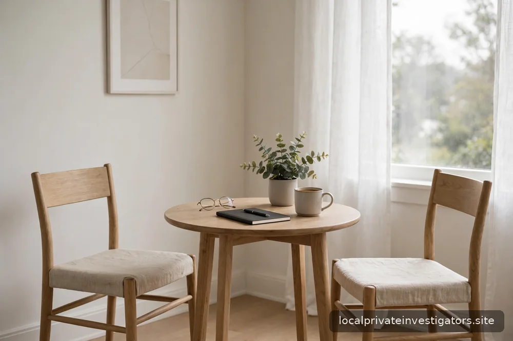 Two empty chairs facing each other across a small table in a bright neutral room, calm, no people