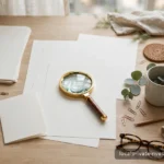 Magnifying glass resting on blank papers on a calm desk, no legible text