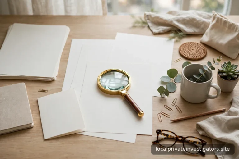 Magnifying glass resting on blank papers on a calm desk, no legible text