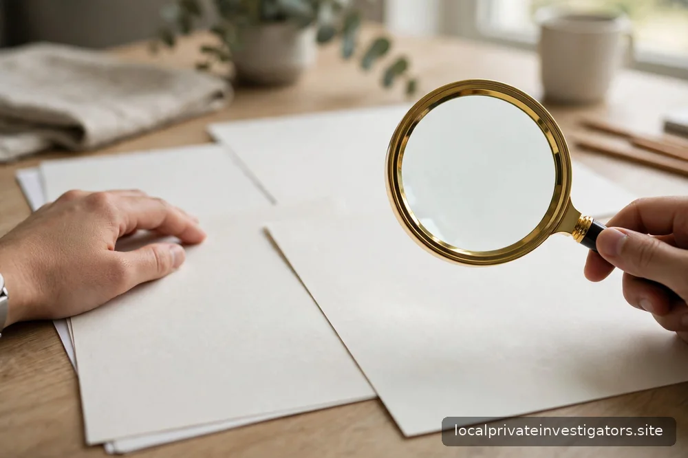 Magnifying glass over blank official-looking papers, no legible text