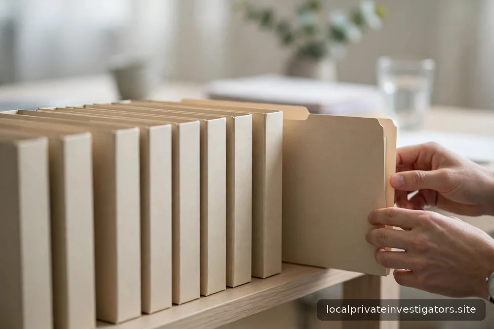 Orderly row of blank file folders on a light shelf, shallow depth of field, no legible text