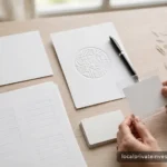 Blank card-style paper with a seal-like abstract beside a pen, no legible text, no real seals