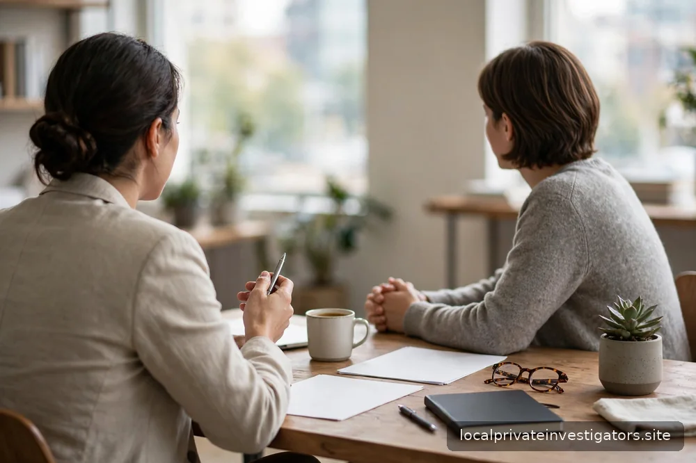 Two people in calm conversation across a desk in daylight, professional, no distress