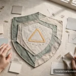 Shield-like abstract in calm tones with a soft caution motif, no text, no alarmist palette