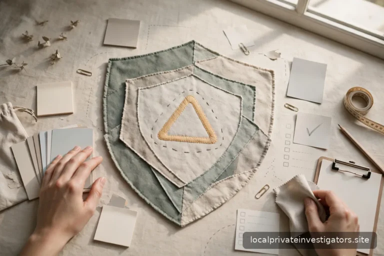 Shield-like abstract in calm tones with a soft caution motif, no text, no alarmist palette