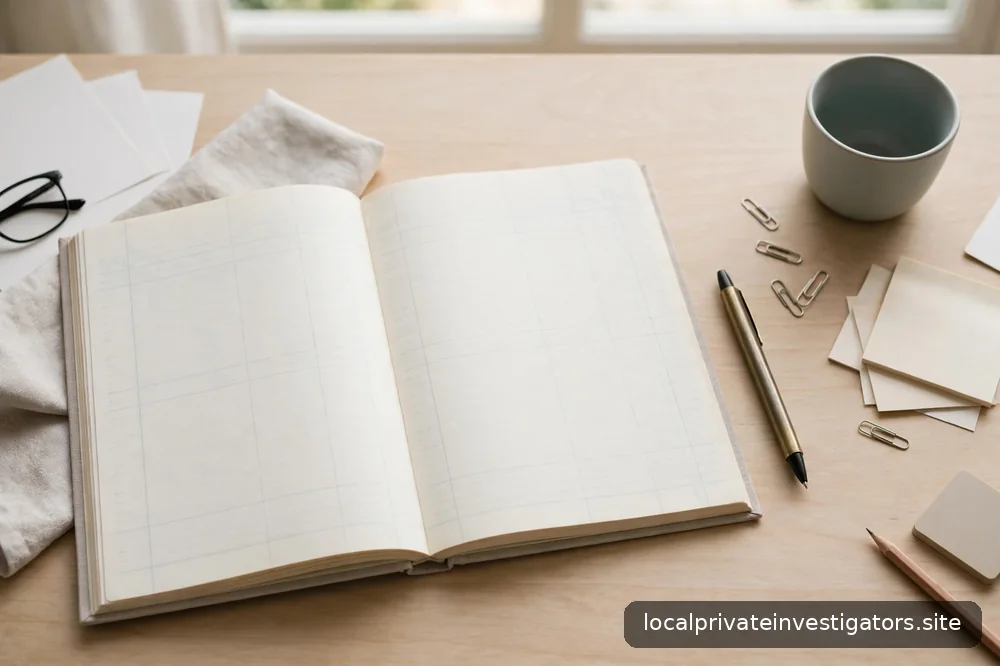 A person calmly reviewing blank papers at a bright desk, thoughtful, no distress, no identifiable face