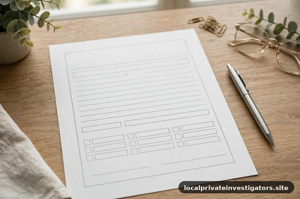 Blank agreement-form outline with a pen beside it on a calm desk, no legible text