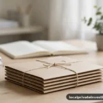 Neat stack of blank folders tied with a simple band on a light desk, daylight, no text