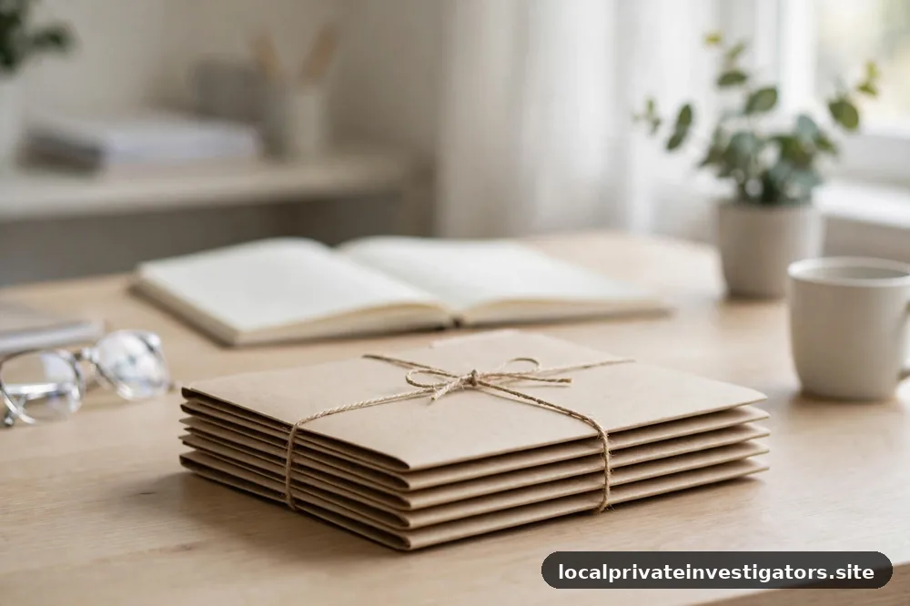 Neat stack of blank folders tied with a simple band on a light desk, daylight, no text