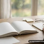 Open book on a desk in soft morning light, fresh-page motif, no legible text