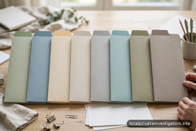 Neat stack of blank folders tied with a simple band on a light desk, daylight, no text