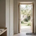 Calm doorway motif in soft daylight suggesting transition, abstract, no text
