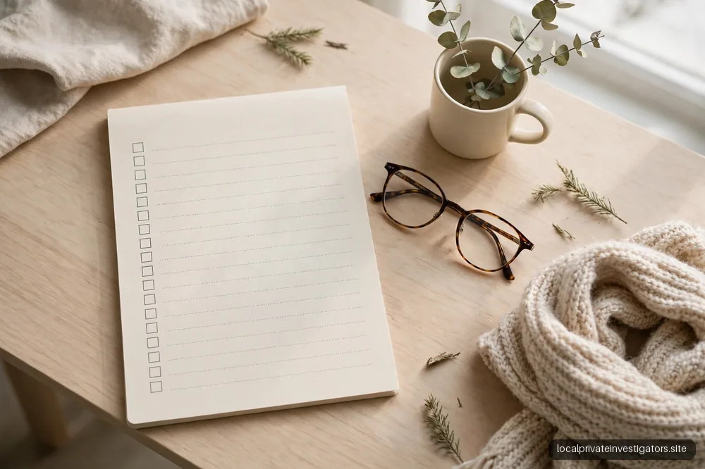 Blank checklist notepad beside reading glasses on a light desk, no legible text