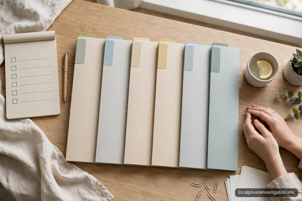 Blank folders with color tabs (no legible words) in a neat row, no text