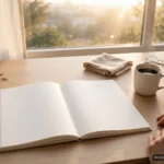 Bright sunrise-style desk with an open blank notebook, fresh-page motif, no text