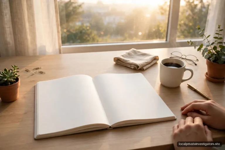 Bright sunrise-style desk with an open blank notebook, fresh-page motif, no text