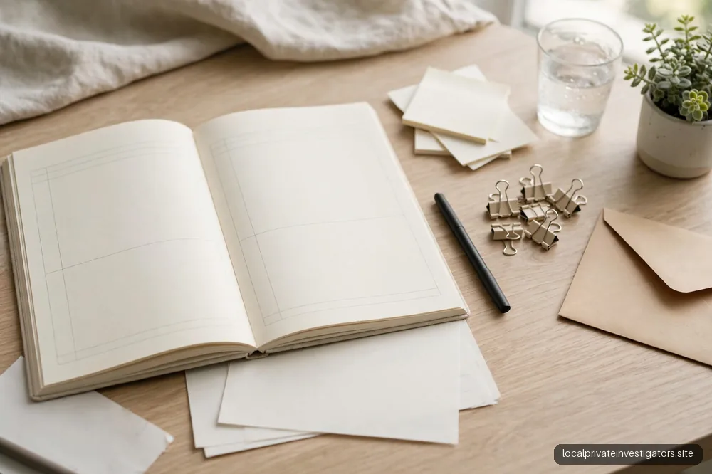 Blank ledger-style pages beside a pen on a light desk, no figures or text