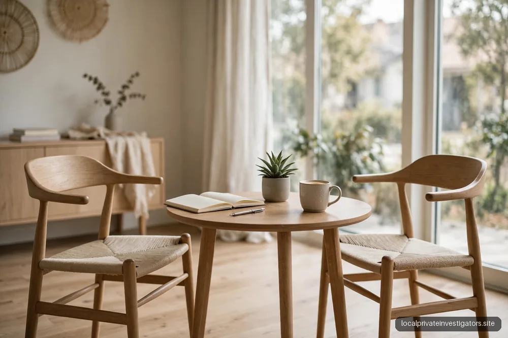 Two empty chairs across a small table in a bright room, calm meeting motif, no people